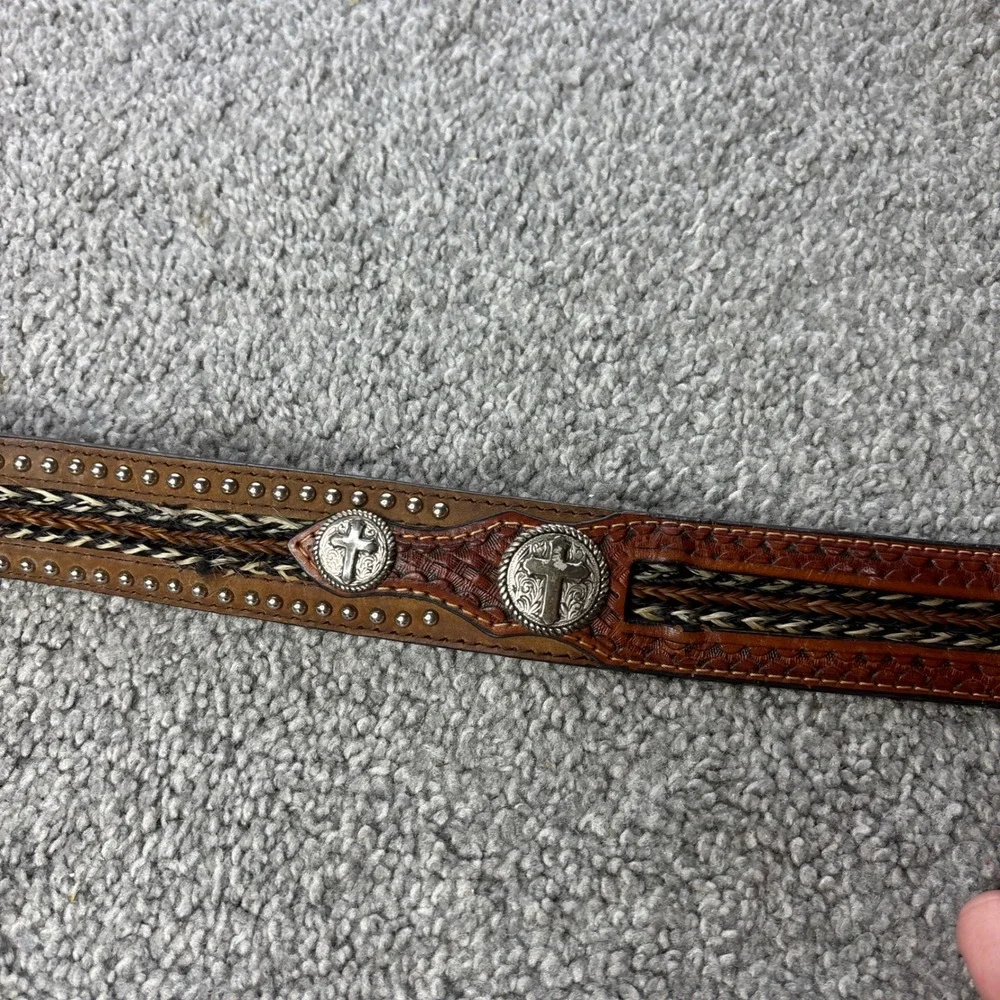 vtg Western Leather‎ Belt braided horsehair inlay cross Brown Conchos Studded 38